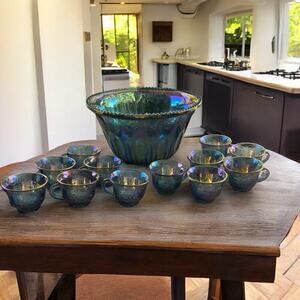 VINTAGE INDIANA GLASS IRIDESCENT BLUE HARVEST CARNIVAL GLASS PUNCH BOWL SET